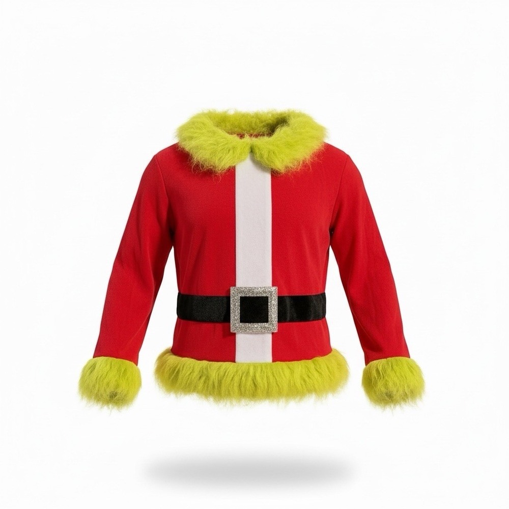 Christmas Grinch‎ Inspired Santa Costume Set Red Green Faux Fur Trim 2-Piece